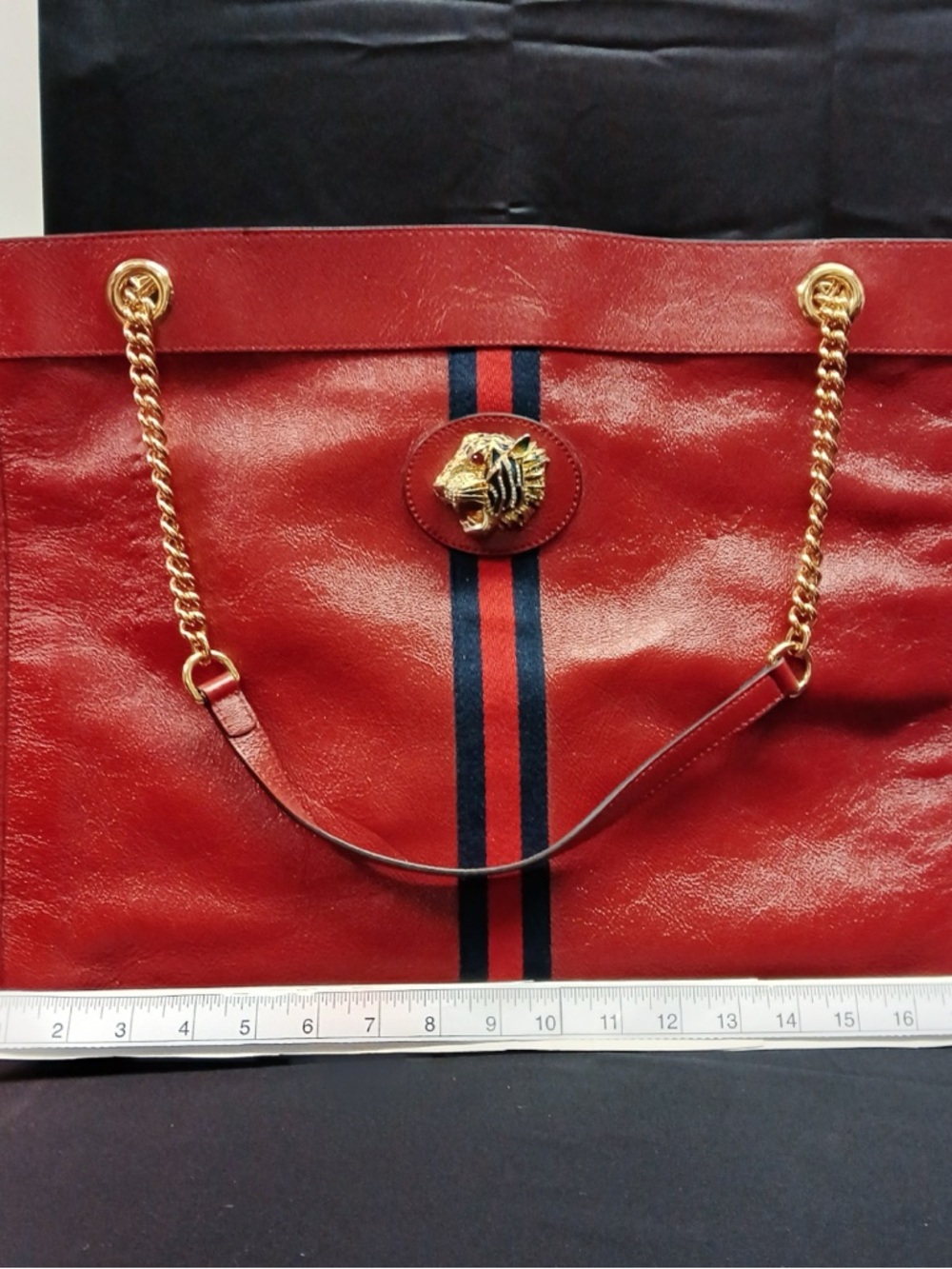 Gucci Rajah Tote w/accessory bag, Red leather, Navy & Gold trim w/enamel tiger❤️ - Picture 2 of 9
